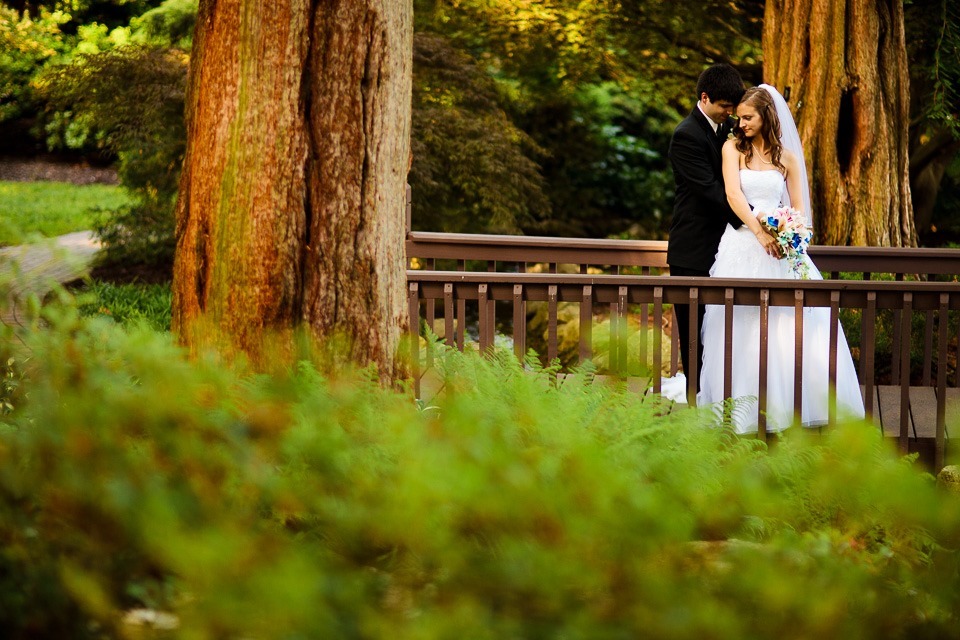 bride and groom on bridge at Hershey Gardens